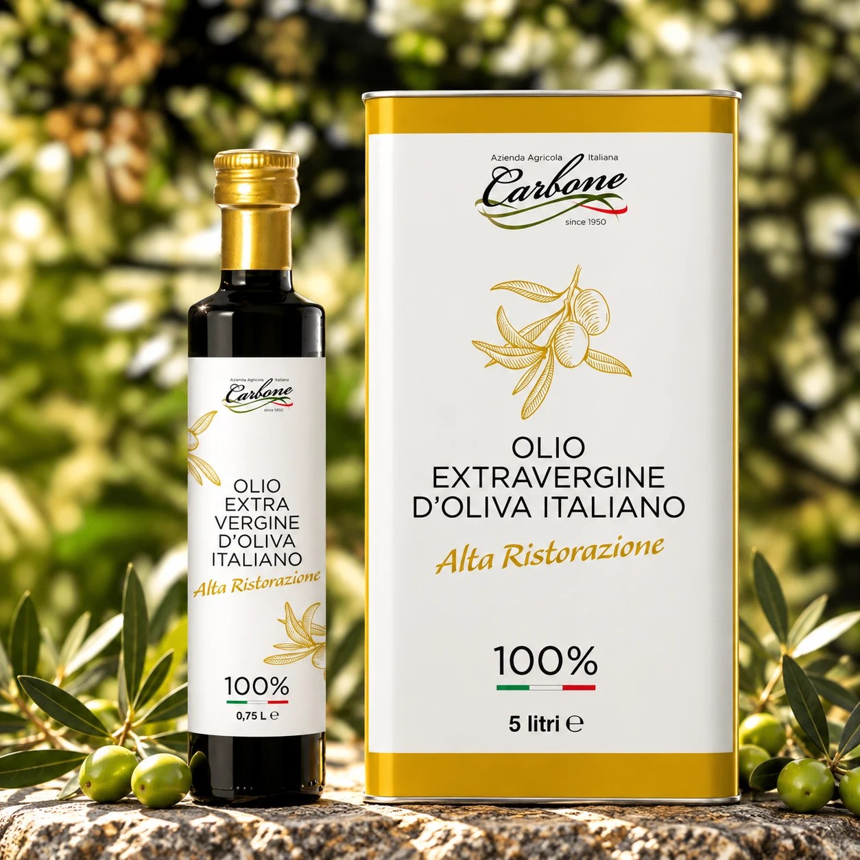 Olio extravergine Alta Ristorazione Carbone: bottiglia da 0,75 litri e latta da 5 litri
