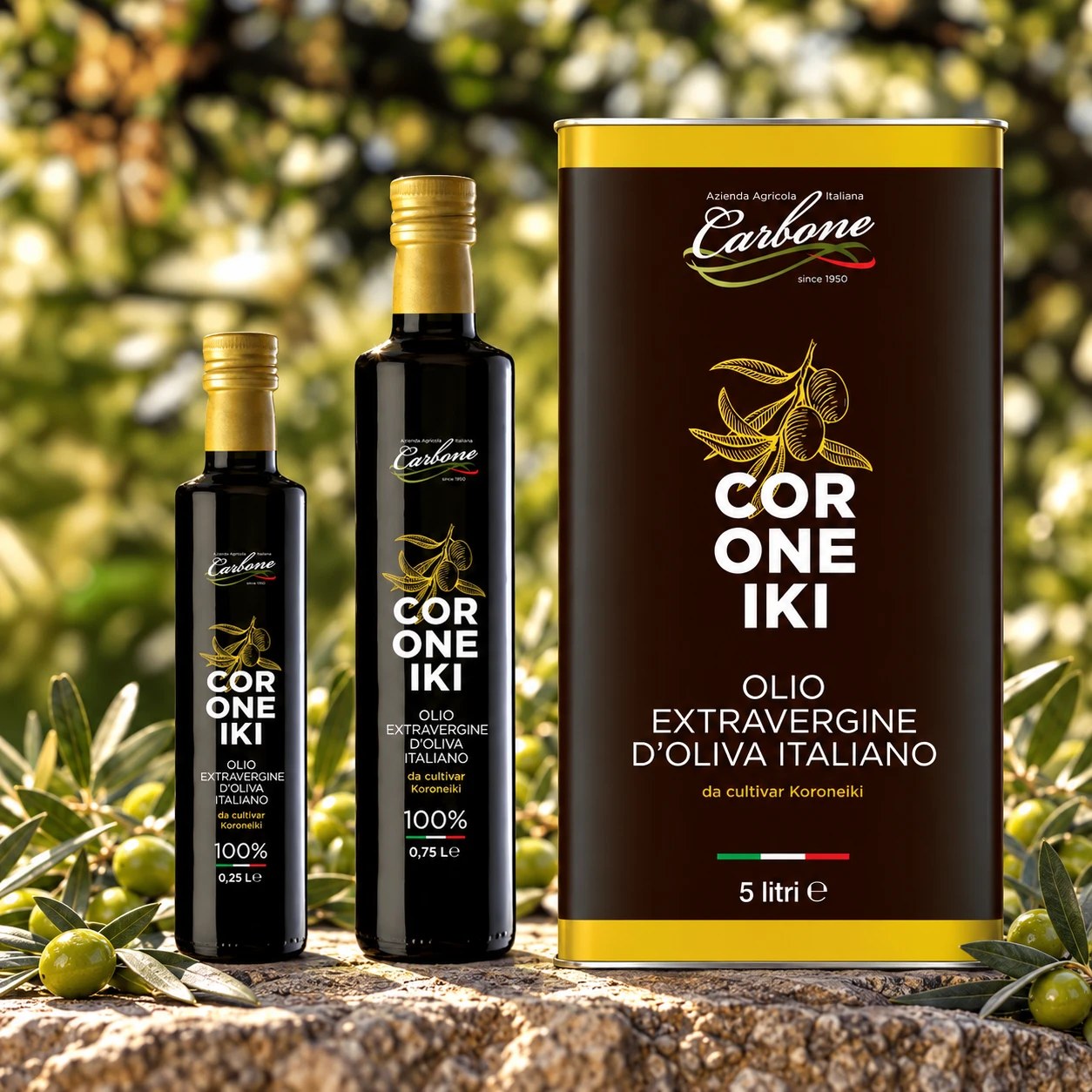 Olio extravergine Coroneiki Carbone: bottiglie da 0,25 e 0,75 litri e latta da 5 litri