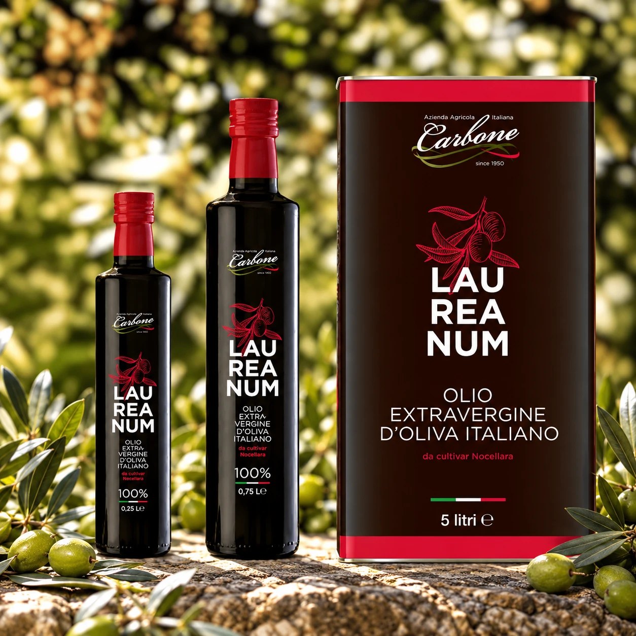Olio extravergine Laureanum Carbone: bottiglie da 0,25 e 0,75 litri e latta da 5 litri