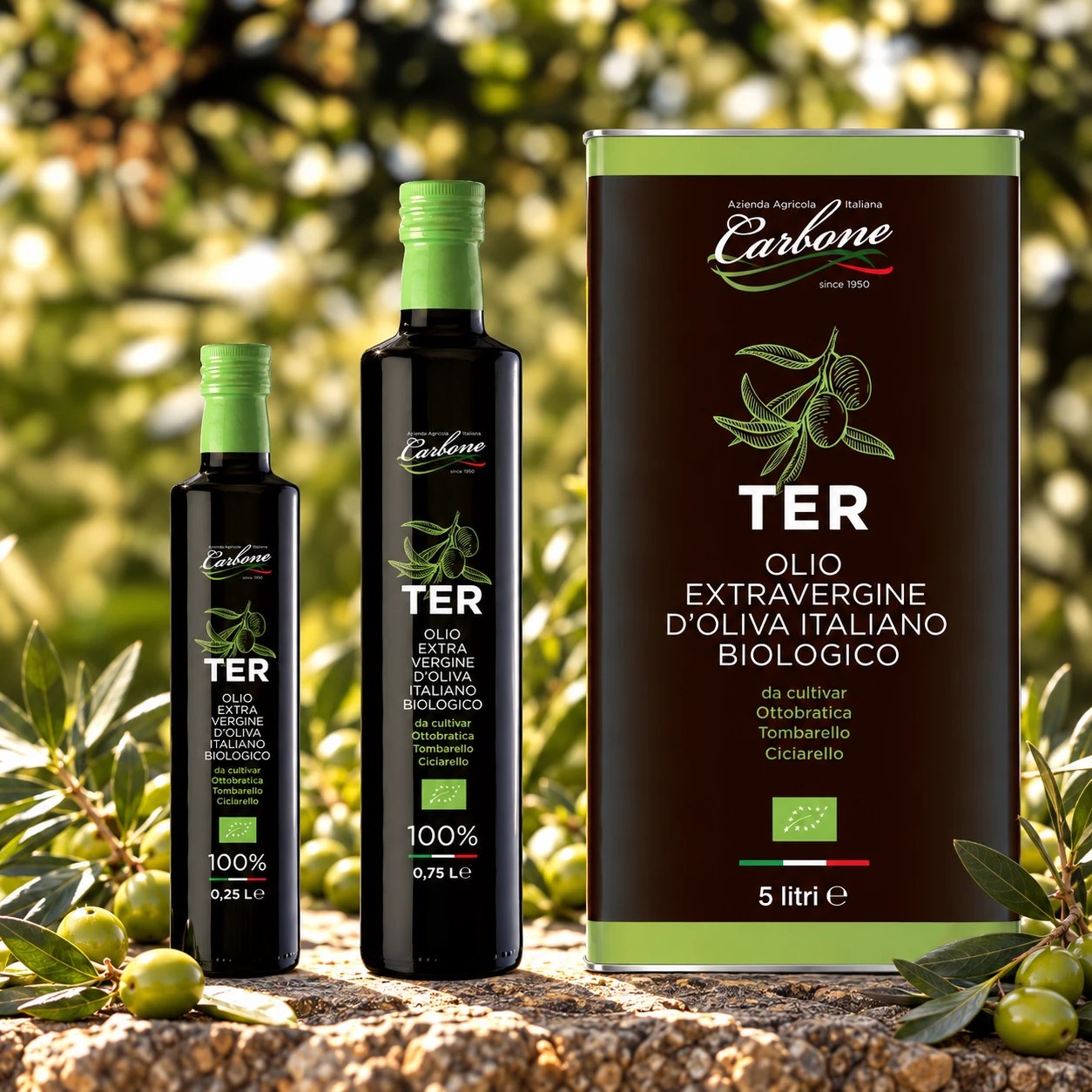 Olio extravergine biologico Ter Carbone: bottiglie da 0,25 e 0,75 litri e latta da 5 litri
